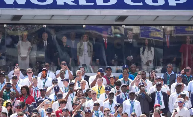 Diana Fox Carney, from left, Canada's Prime Minister Mark Carney, Mexico's President Claudia Sheinbaum, first lady Melania Trump, President Donald Trump, FIFA President Gianni Infantino, Leena Al Ashqar, King Felipe VI of Spain and Queen Letizia of Spain attend the World Cup championship final soccer match between Spain and Argentina in East Rutherford, N.J., Sunday, July 19, 2026. (AP Photo/Jacquelyn Martin)