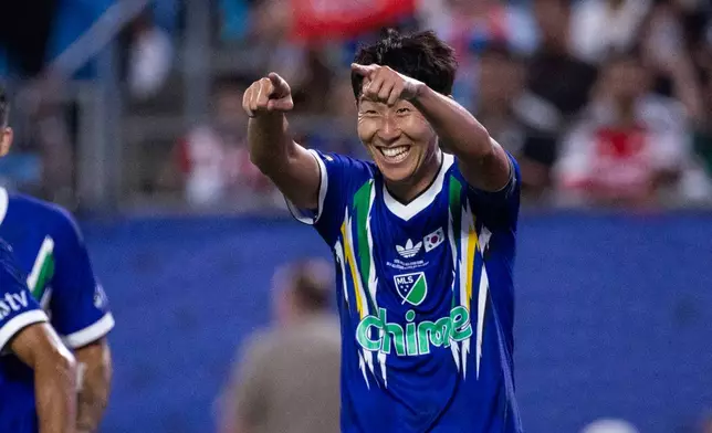 MLS All-Star Son Heung-min (7) celebrates after scoring during the MLS All-Star soccer game Wednesday, July 29, 2026, in Charlotte, N.C. (AP Photo/Scott Kinser)