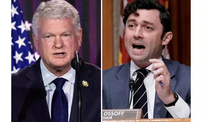 At left, Rep. Mike Collins, R-Ga., speaks June 26, 2026, in Washington, and at right, Sen. Jon Ossoff, D-Ga., speaks in Washington, July 26, 2022. (AP Photo/Manuel Balce Ceneta and J. Scott Applewhite)