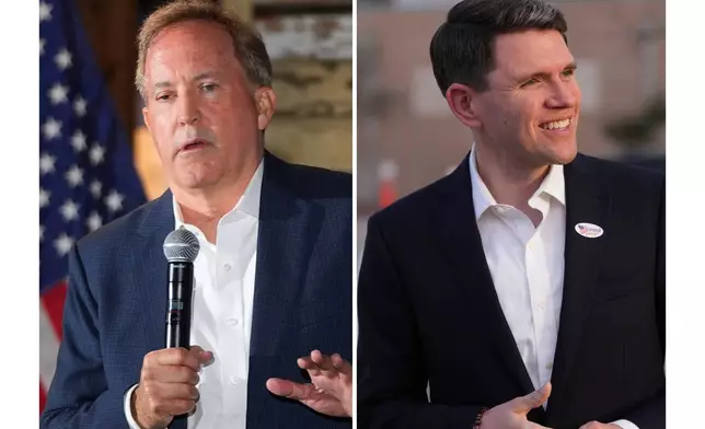 At left, Texas Attorney General Ken Paxton speaks in McKinney, Texas, May 19, 2026, and at right, Texas state Rep. James Talarico, after voting, in Austin, Texas, Feb. 17, 2026. (AP Photo/LM Otero and Eric Gay)