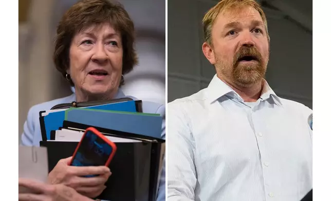 At left, Sen. Susan Collins, R-Maine, in Washington, June 17, 2026, and at right, Democratic Senate candidate Graham Platner speaks June 9, 2026, in Blue Hill, Maine. (AP Photo/J. Scott Applewhite and) Robert F. Bukaty