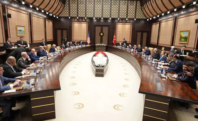 US President Donald Trump and American officials meet with Turkish President Recep Tayyip Erdogan and Turkish officials at the Bestepe Presidential Compound in Ankara, Turkey, Tuesday, July, 7, 2026. (Doug Mills/The New York Times via AP, Pool)