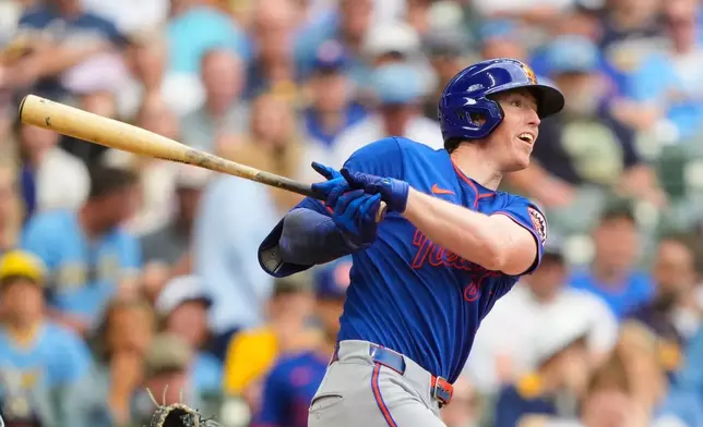 New York Mets' Brett Baty hits a home run during the fifth inning of a baseball game against the Milwaukee Brewers, Wednesday, July 22, 2026, in Milwaukee. (AP Photo/Kayla Wolf)