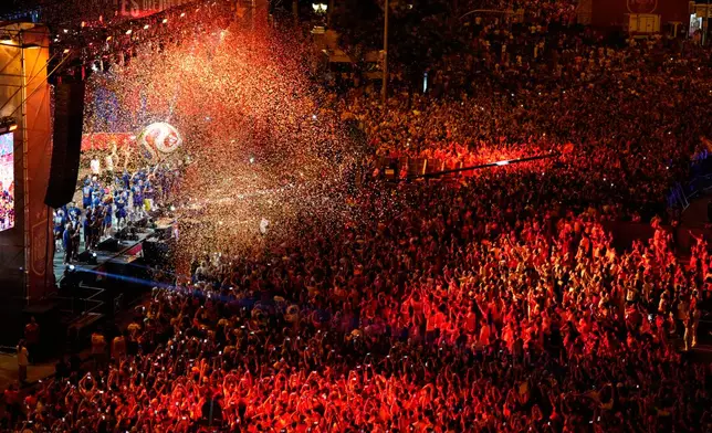 Players from Spain's national soccer team celebrate at Cibeles Square in Madrid on Monday, July 20, 2026, after Spain defeated Argentina in the World Cup final in East Rutherford, N.J., near New York. (AP Photo/Bernat Armangue)