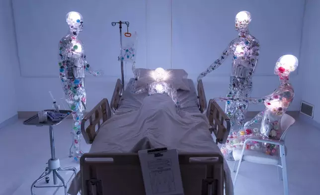 An installation by artist Mark Girgis is displayed during the "Hospital of Emotions" exhibition inside a former hospital building in Los Angeles, Wednesday, July 22, 2026. (AP Photo/Jae C. Hong)