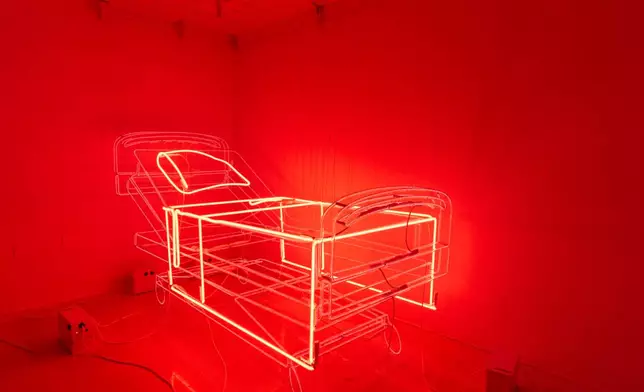 An Installation by artist David Otis Johnson is displayed during the "Hospital of Emotions" exhibition inside a former hospital building in Los Angeles, Wednesday, July 22, 2026. (AP Photo/Jae C. Hong)