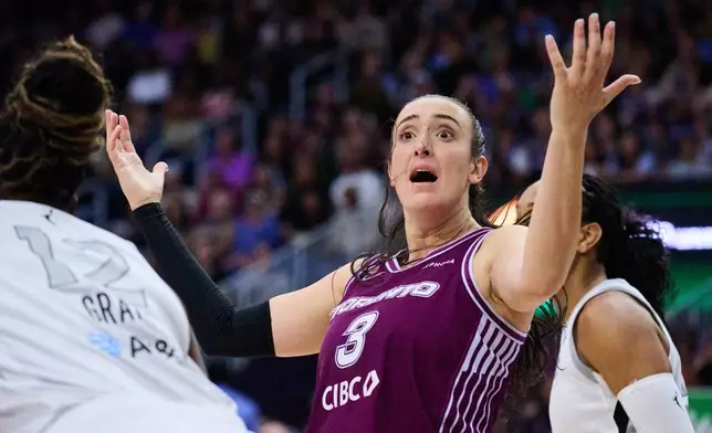 Toronto Tempo's Marina Mabrey (3) reacts to a call during the first half of a WNBA basketball game against the Las Vegas Aces in Toronto, on Monday, July 20, 2026. (Sammy Kogan/The Canadian Press via AP)
