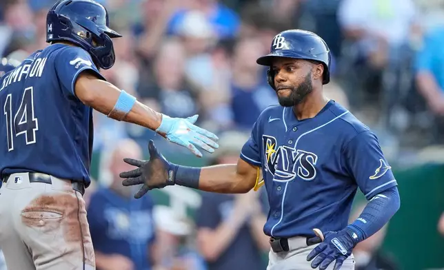 Tampa Bay Rays' Cedric Mullins, right, celebrates with Chandler Simpson (14) after hitting a two-run home run during the fifth inning of a baseball game against the Kansas City Royals, Thursday, July 2, 2026, in Kansas City, Mo. (AP Photo/Charlie Riedel)