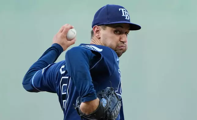 Tampa Bay Rays starting pitcher Ian Seymour throws during the first inning of a baseball game against the Kansas City Royals, Thursday, July 2, 2026, in Kansas City, Mo. (AP Photo/Charlie Riedel)