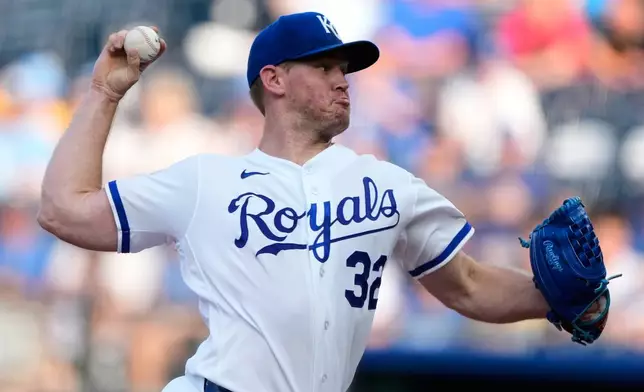 Kansas City Royals starting pitcher Stephen Kolek throws during the first inning of a baseball game against the Tampa Bay Rays, Thursday, July 2, 2026, in Kansas City, Mo. (AP Photo/Charlie Riedel)