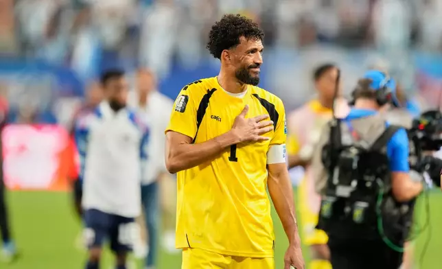 Cape Verde goalkeeper Vozinha (1) leaves the pitch after the World Cup round of 32 soccer match between Argentina and Cape Verde in Miami Gardens, Fla., Friday, July 3, 2026. (AP Photo/Rebecca Blackwell)