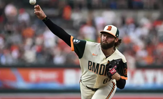 Baltimore Orioles starting pitcher Brandon Young delivers against the Kansas City Royals during the first inning of a baseball game Friday, July 10, 2026, in Baltimore. (AP Photo/Steve Ruark)