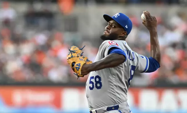 Kansas City Royals starting pitcher Luinder Avila delivers against the Baltimore Orioles during the first inning of a baseball game, Friday, July 10, 2026, in Baltimore. (AP Photo/Steve Ruark)