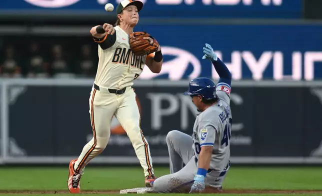 Baltimore Orioles second baseman Jackson Holliday, left, puts out Kansas City Royals' Josh Rojas, right, while turning a double play on a ground ball hit by Royals' Nick Loftin during the second inning of a baseball game Friday, July 10, 2026, in Baltimore. (AP Photo/Steve Ruark)