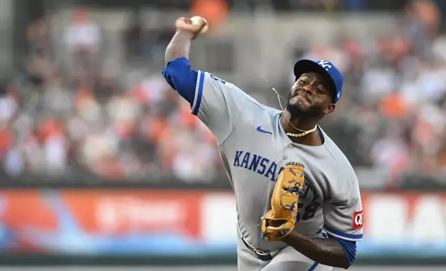 Kansas City Royals starting pitcher Luinder Avila delivers against the Baltimore Orioles during the first inning of a baseball game, Friday, July 10, 2026, in Baltimore. (AP Photo/Steve Ruark)