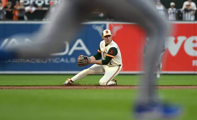 Baltimore Orioles shortstop Gunnar Henderson fields a grounder before turning a double play on a ball hit by Kansas City Royals' Nick Loftin, not pictured, during the second inning of a baseball game, Friday, July 10, 2026, in Baltimore. (AP Photo/Steve Ruark)