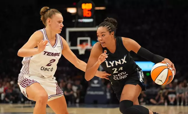 Minnesota Lynx forward Napheesa Collier (24) drives around Toronto Tempo forward Laura Juskaite (2) in the second quarter of a WNBA basketball game Tuesday, July 28, 2026, in Minneapolis. (Jeff Wheeler/Minnesota Star Tribune via AP)