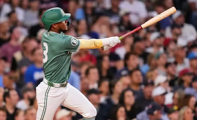 Boston Red Sox's Ceddanne Rafaela watches his two-run home run during the third inning of a baseball game against the Toronto Blue Jays, Friday, July 24, 2026, in Boston. (AP Photo/Charles Krupa)