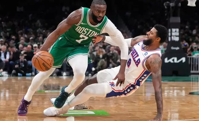 FILE - Boston Celtics guard Jaylen Brown (7) drives to the basket against Philadelphia 76ers forward Paul George (8) during the first half of Game 2 of a first-round NBA playoffs basketball series, April 21, 2026, in Boston. (AP Photo/Charles Krupa, File)