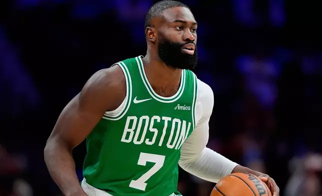 FILE - Boston Celtics' Jaylen Brown plays during Game 6 in a first-round NBA basketball playoff series Thursday, April 30, 2026, in Philadelphia. (AP Photo/Matt Slocum,File)