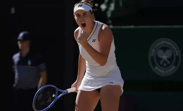 Linda Noskova of Czech Republic celebrates a point against Karolina Muchova of Czech Republic in the women's singles final at Wimbledon Tennis Championships in London, Saturday, July 11, 2026. (AP Photo/Kirsty Wigglesworth)