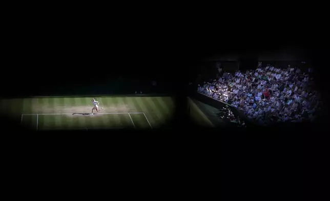 Karolina Muchova of Czech Republic plays a return top Linda Noskova of Czech Republic during the women's singles final at Wimbledon Tennis Championships in London, Saturday, July 11, 2026. (AP Photo/Brian Inganga)