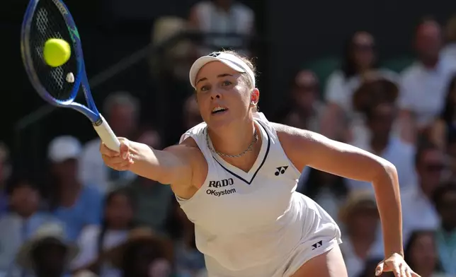 Linda Noskova of Czech Republic returns the ball to Karolina Muchova of Czech Republic in the women's singles final at Wimbledon Tennis Championships in London, Saturday, July 11, 2026. (AP Photo/Kirsty Wigglesworth)