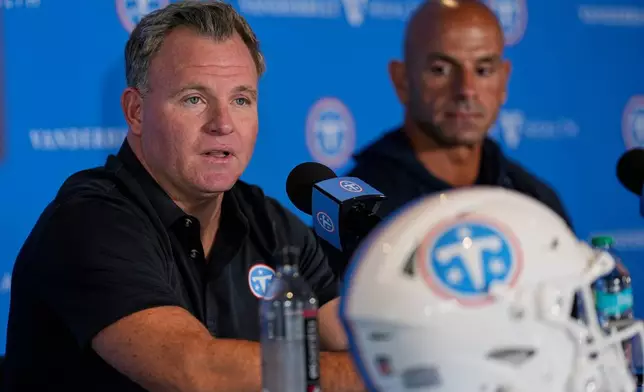 Tennessee Titans general manager Mike Borgonzi speaks during a news conference at the NFL football team's training camp, Tuesday, July 28, 2026, in Nashville, Tenn. (AP Photo/George Walker IV)