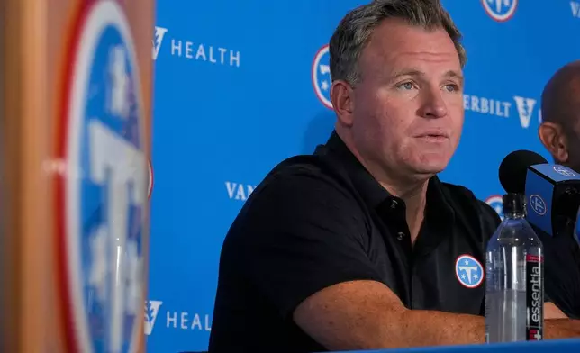 Tennessee Titans general manager Mike Borgonzi speaks during a news conference at the NFL football team's training camp, Tuesday, July 28, 2026, in Nashville, Tenn. (AP Photo/George Walker IV)