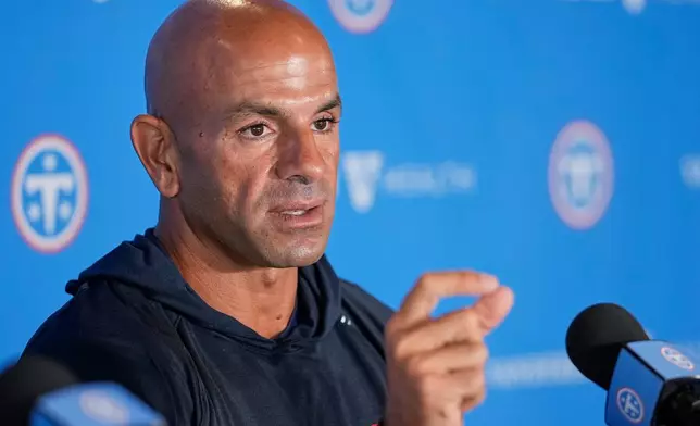 Tennessee Titans head coach Robert Saleh speaks during a news conference at the NFL football team's training camp, Tuesday, July 28, 2026, in Nashville, Tenn. (AP Photo/George Walker IV)