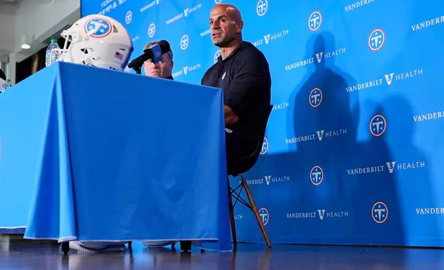 Tennessee Titans head coach Robert Saleh speaks during a news conference at the NFL football team's training camp, Tuesday, July 28, 2026, in Nashville, Tenn. (AP Photo/George Walker IV)