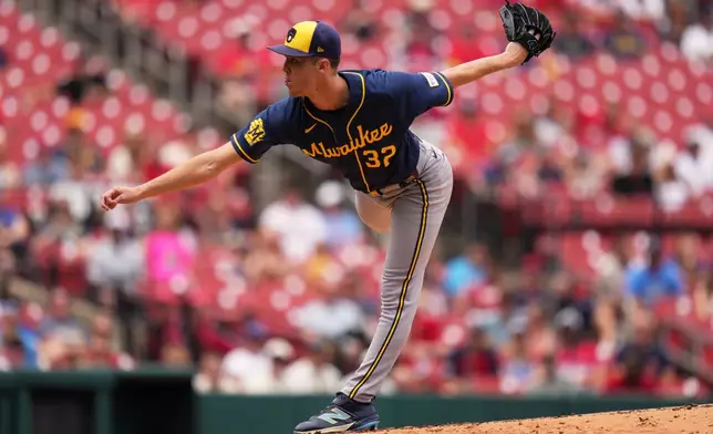 Milwaukee Brewers starting pitcher Jacob Misiorowski throws during the first inning in the first game of a baseball doubleheader against the St. Louis Cardinals Tuesday, July 7, 2026, in St. Louis. (AP Photo/Jeff Roberson)