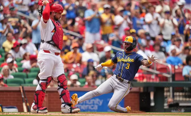 Milwaukee Brewers' Joey Ortiz (3) scores past St. Louis Cardinals catcher Jimmy Crooks during the third inning in the first game of a baseball doubleheader Tuesday, July 7, 2026, in St. Louis. (AP Photo/Jeff Roberson)