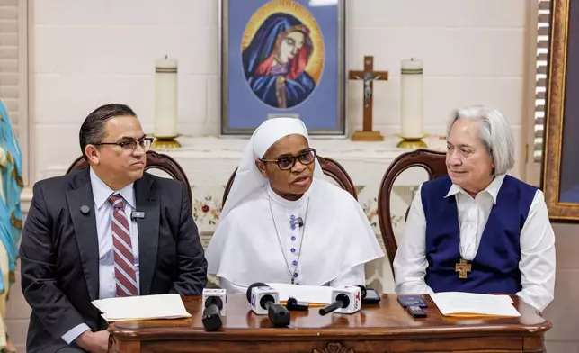 Sister Leticia "Letty" Ugboaja speaks during a news conference at Our Lady of Sorrows Catholic Church on Thursday, July 23, 2026, in McAllen, Texas. (AP Photo/Michael Gonzalez)