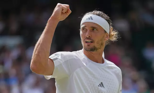 Alexander Zverev of Germany celebrates after winning a point against Arthur Fery of Britain during their men's singles semifinal match at the Wimbledon Tennis Championships in London, Friday, July 10, 2026. (AP Photo/Kirsty Wigglesworth)