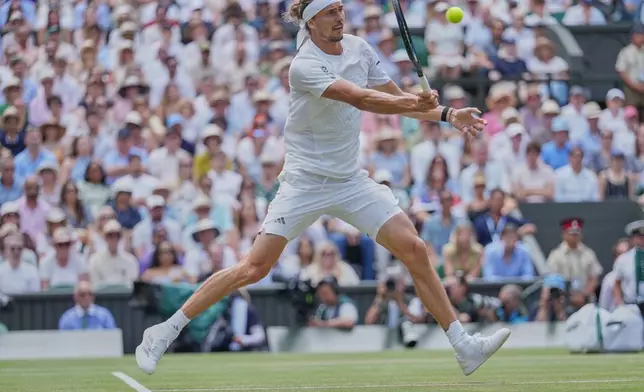 Alexander Zverev of Germany hits a return to Arthur Fery of Britain during their men's singles semifinal match at the Wimbledon Tennis Championships in London, Friday, July 10, 2026. (AP Photo/Kirsty Wigglesworth)