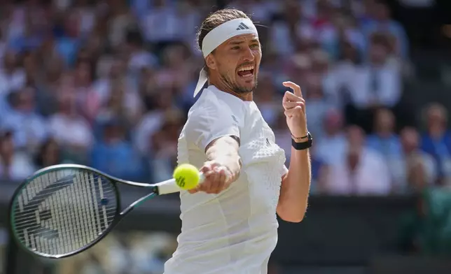 Alexander Zverev of Germany celebrates winning a point against Arthur Fery of Britain during their men's singles semifinal match at the Wimbledon Tennis Championships in London, Friday, July 10, 2026. (AP Photo/Kirsty Wigglesworth)