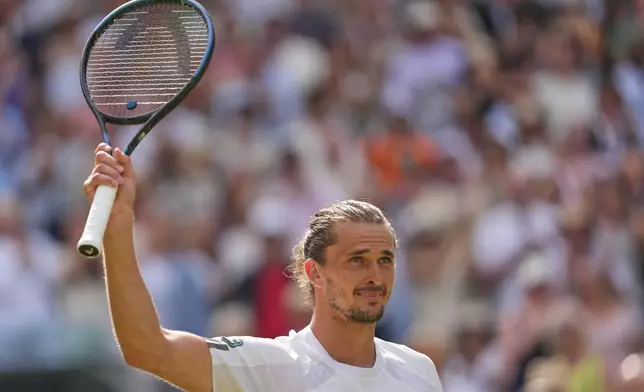 Alexander Zverev of Germany celebrates after defeating Arthur Fery of Britainn in their men's singles semifinal match at the Wimbledon Tennis Championships in London, Friday, July 10, 2026. (AP Photo/Kirsty Wigglesworth)