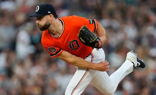 Detroit Tigers pitcher Brenan Hanifee throws against the Kansas City Royals during the eighth inning of a baseball game Friday, July 24, 2026, in Detroit. (AP Photo/Paul Sancya)