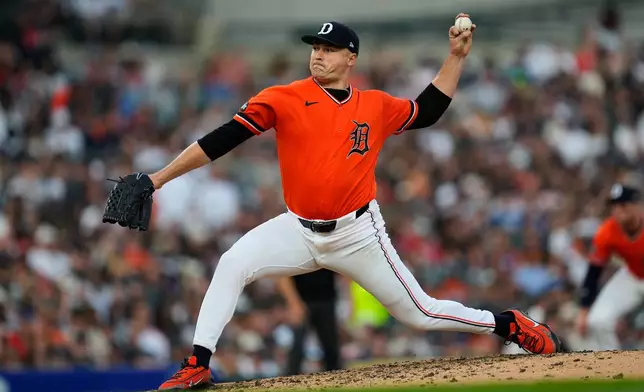 Detroit Tigers pitcher Tarik Skubal throws against the Kansas City Royals during the seventh inning of a baseball game Friday, July 24, 2026, in Detroit. (AP Photo/Paul Sancya)