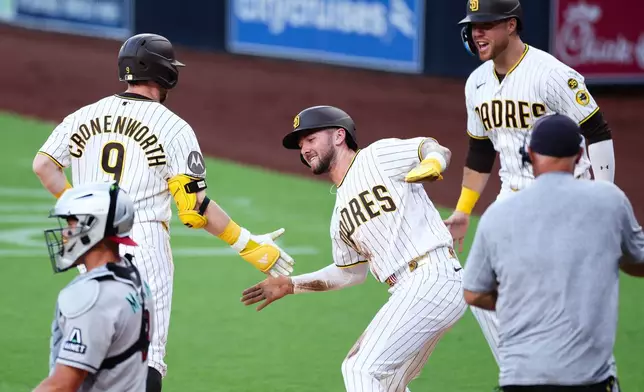 San Diego Padres' Jackson Merrill, center, congratulates Jake Cronenworth (9) after he hit a three-run home run against the Arizona Diamondbacks as Gavin Sheets looks on in the first inning of a baseball game Tuesday, July 7, 2026, in San Diego. (AP Photo/Derrick Tuskan)