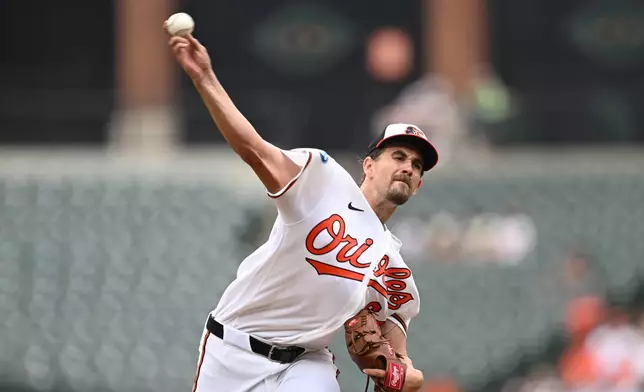 Baltimore Orioles pitcher Dean Kremer throws against the Chicago White Sox In the third inning of a baseball game, Wednesday, July 1, 2026 in Baltimore. (AP Photo/Gail Burton)