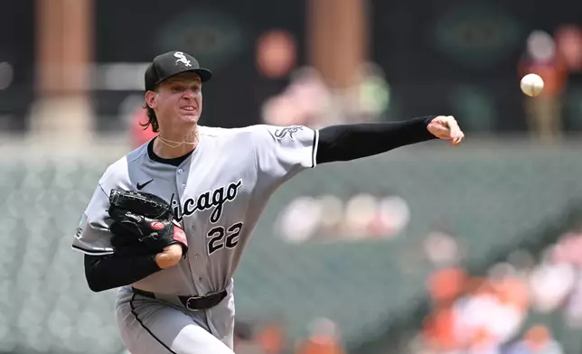 Chicago White Sox pitcher Noah Schultz throws against the Baltimore Orioles in the third inning of a baseball game, Wednesday, July 1, 2026 in Baltimore. (AP Photo/Gail Burton)