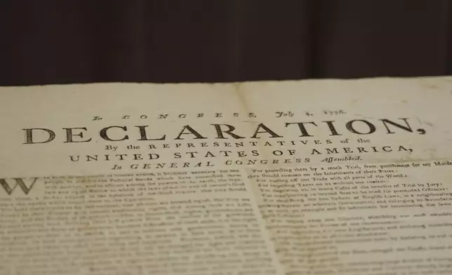 This image made from video shows a newly discovered copy of the U.S. Declaration of Independence, printed in July 1776 in Exeter, is displayed at The National Archives in London, Thursday, July 2, 2026. (AP Photo/Kwiyeon Ha)