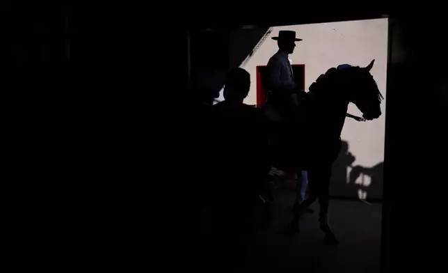 Spanish rejoneador Guillermo Hermoso de Mendoza rides a horse before a bullfight at the San Fermín festival in Pamplona, northern Spain, Monday, July 6, 2026. (AP Photo/Miguel Oses)