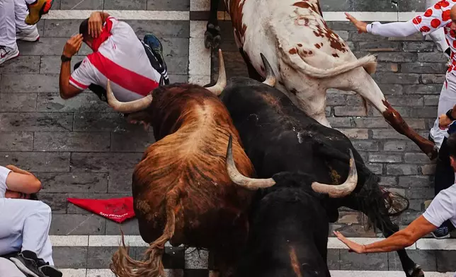 A reveler falls in front of Victoriano del Río's fighting bulls during the third running of the bulls at the San Fermín festival in Pamplona, Spain, Thursday, July 9, 2026. (AP Photo/Miguel Oses)