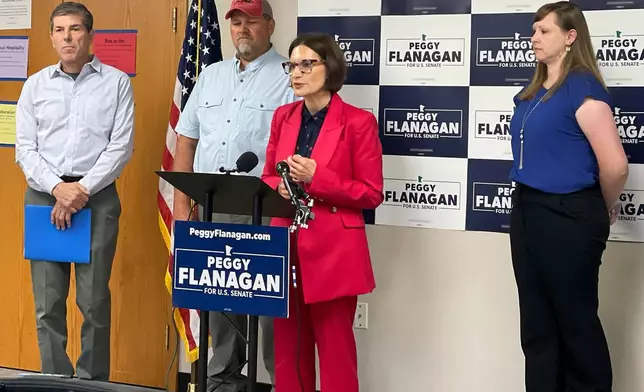 Minnesota Lt. Gov. Peggy Flanagan speaks during a press conference with political allies in St. Paul, Minn., Wednesday, July 8, 2026. (AP Photo/Matthew Brown)