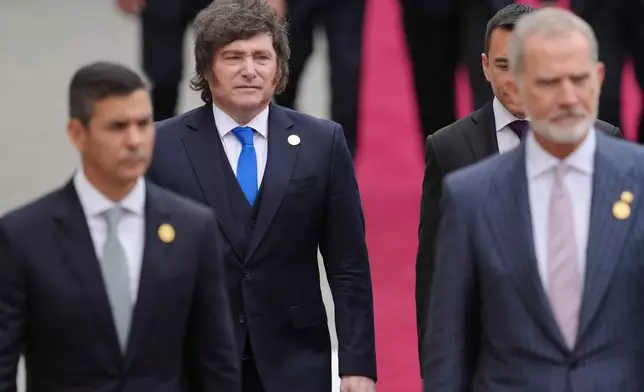 Argentina's President Javier Milei arrives at Congress for the inauguration of Peru's new President Keiko Fujimori in Lima, Peru, Tuesday, July 28, 2026. (AP Photo/Miguel Paredes)