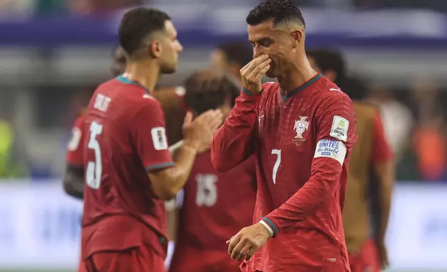 Portugal's Cristiano Ronaldo (7) reacts after the World Cup round of 16 soccer match between Portugal and Spain in Arlington, Texas, near Dallas, Monday, July 6, 2026. (AP Photo/Gareth Patterson)