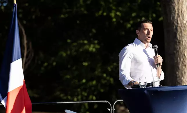Far-right party National Rally president Jordan Bardella speaks during a rally in Lievin, northern France, Saturday, July 4, 2026. (AP Photo/Jean-Francois Badias)